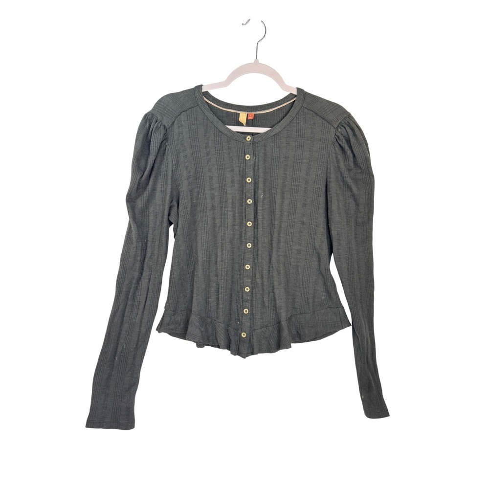 Pilcro Anthropologie Grey Ribbed Puff Sleeve Peplum Button Front Top Large